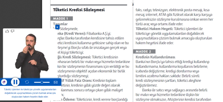 Screenshot from a Turkish bank’s contract as a PDF using SignForDeaf’s PDF Sign Language Plugin