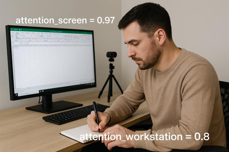 High attention to both screen and workstation during active task engagement