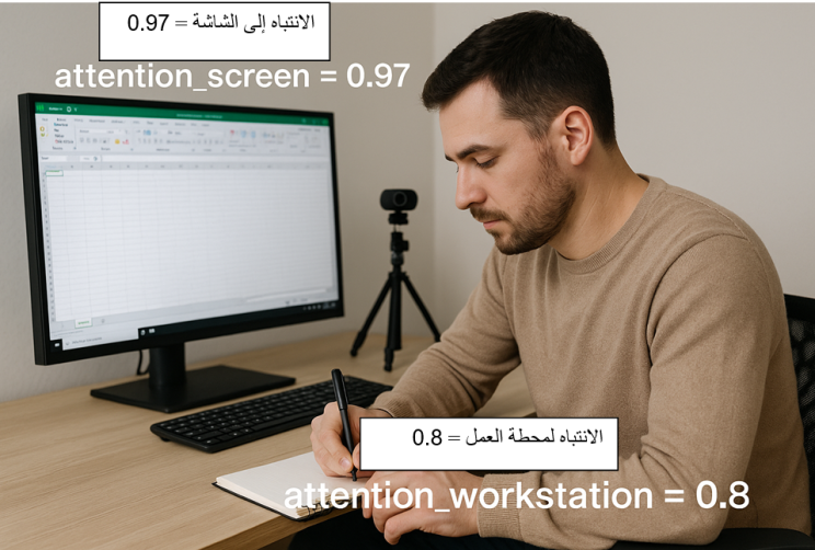 High attention to both screen and workstation during active task engagement